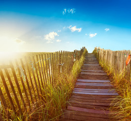 Wooden boardwalk through the dunes to a Maine beach at sunrise