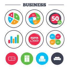 Furniture icons. Sofa, cupboard, and book shelf.