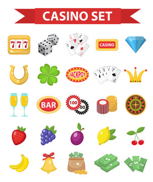Casino icons, flat style. Gambling set isolated on a white background. Poker, card games, one-armed bandit, roulette collection of design elements. Vector illustration, clip art