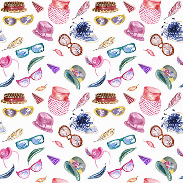 Accessories pattern (hats, glasses, bow tie and feathers), hand painted watercolor illustration