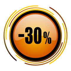 Orange modern design round vector icon. 30 percent sale button isolatet on white background.