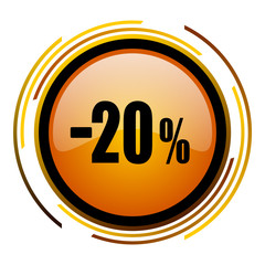 Orange modern design round vector icon. 20 percent sale button isolatet on white background.