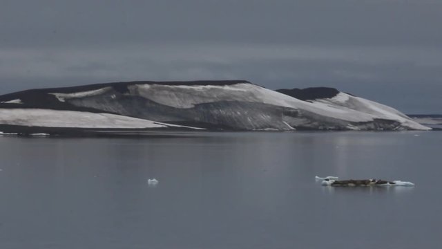 Franz-Josef Land. Glaciers and snowbanks Payer Isl. American Strait. Floating ice floes with walruses. Such saw strait Ziegler expedition to North pole 1903
