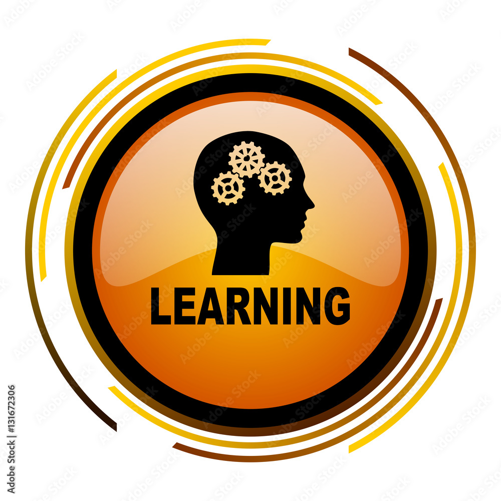 Aufkleber Learning sign vector icon. Modern design round orange button isolated on white square background for web and application designers in eps10.