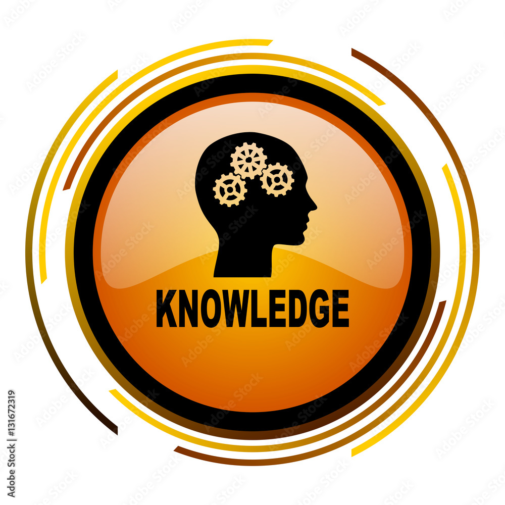 Aufkleber Knowledge sign vector icon. Modern design round orange button isolated on white square background for web and application designers in eps10.