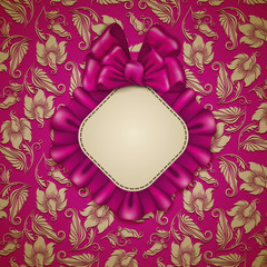 Elegant template for luxury invitation, gift card with lace ornament, ruffles, ribbon, bow, place for text. Floral elements, ornate vintage background. Valentine, mother day design. Illustration EPS10