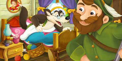 Cartoon scene of wolf jumping out of the bed while hunter is watching - illustration for children © agaes8080