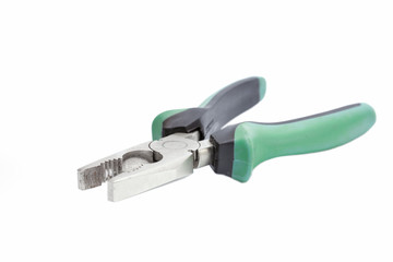 Nose pliers with green handles on a white background isolated