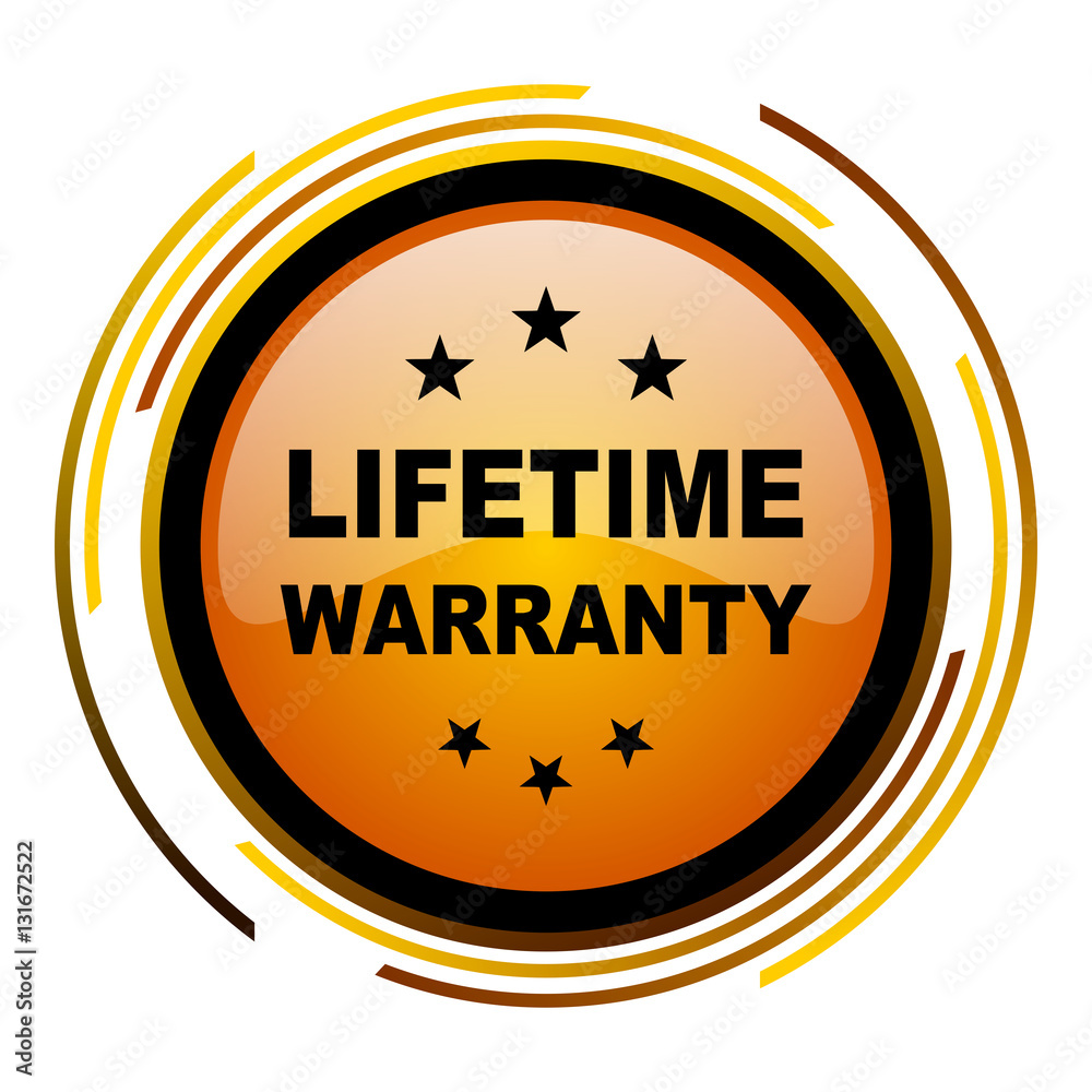Poster Lifetime warranty sign vector icon. Modern design round orange button isolated on white square background for web and application designers in eps10.
