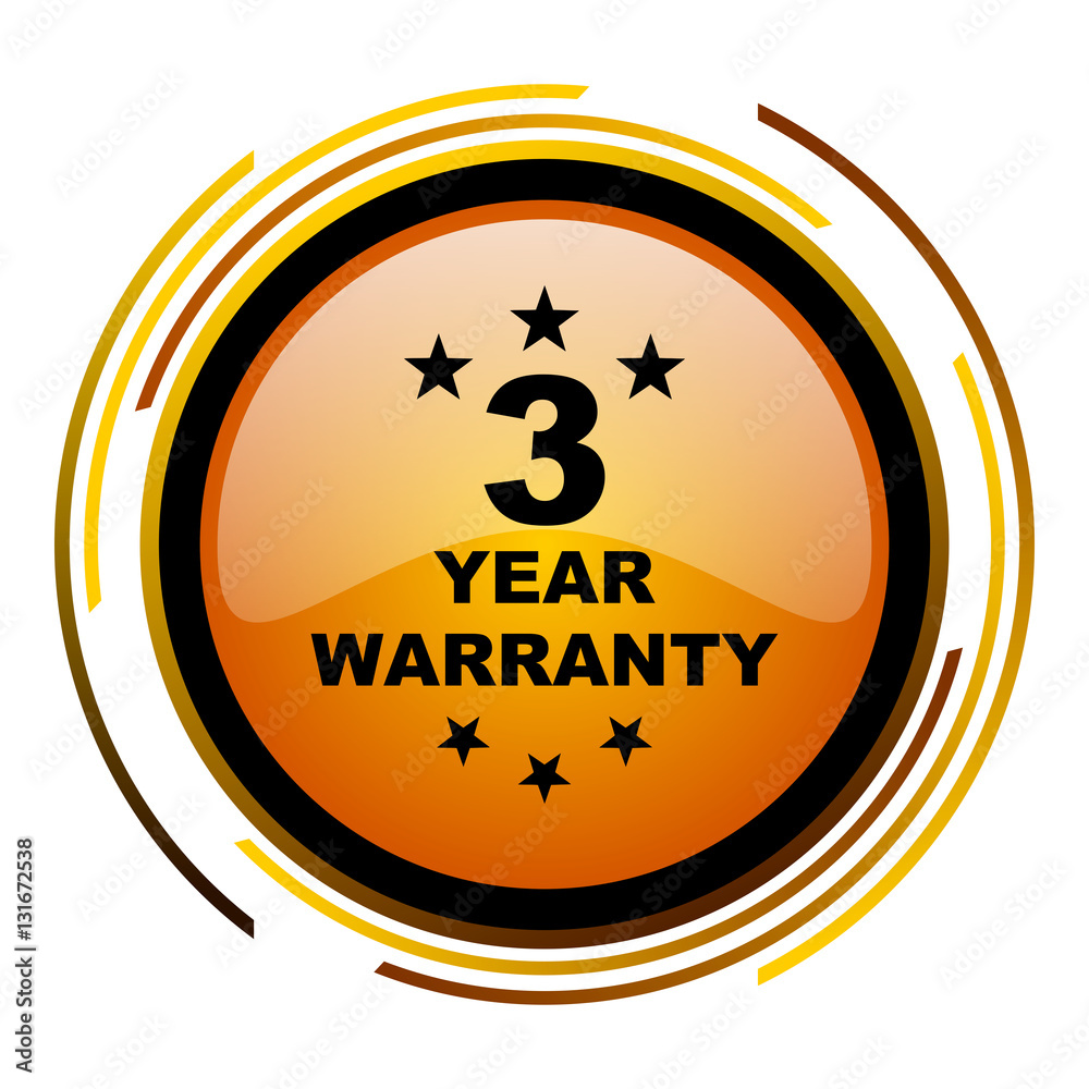 Poster 3 years warranty sign vector icon. Modern design round orange button isolated on white square background for web and application designers in eps10.