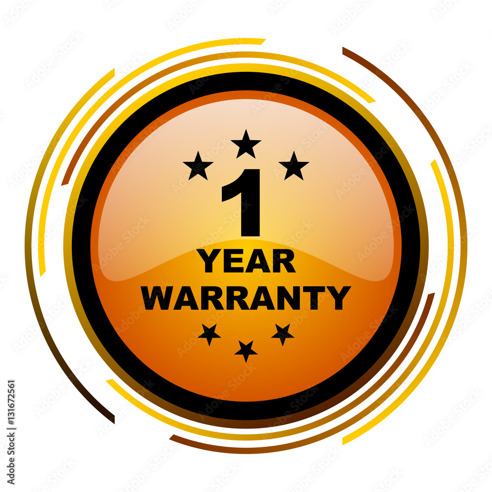 Aufkleber 1 year warranty sign vector icon. Modern design round orange button isolated on white square background for web and application designers in eps10.