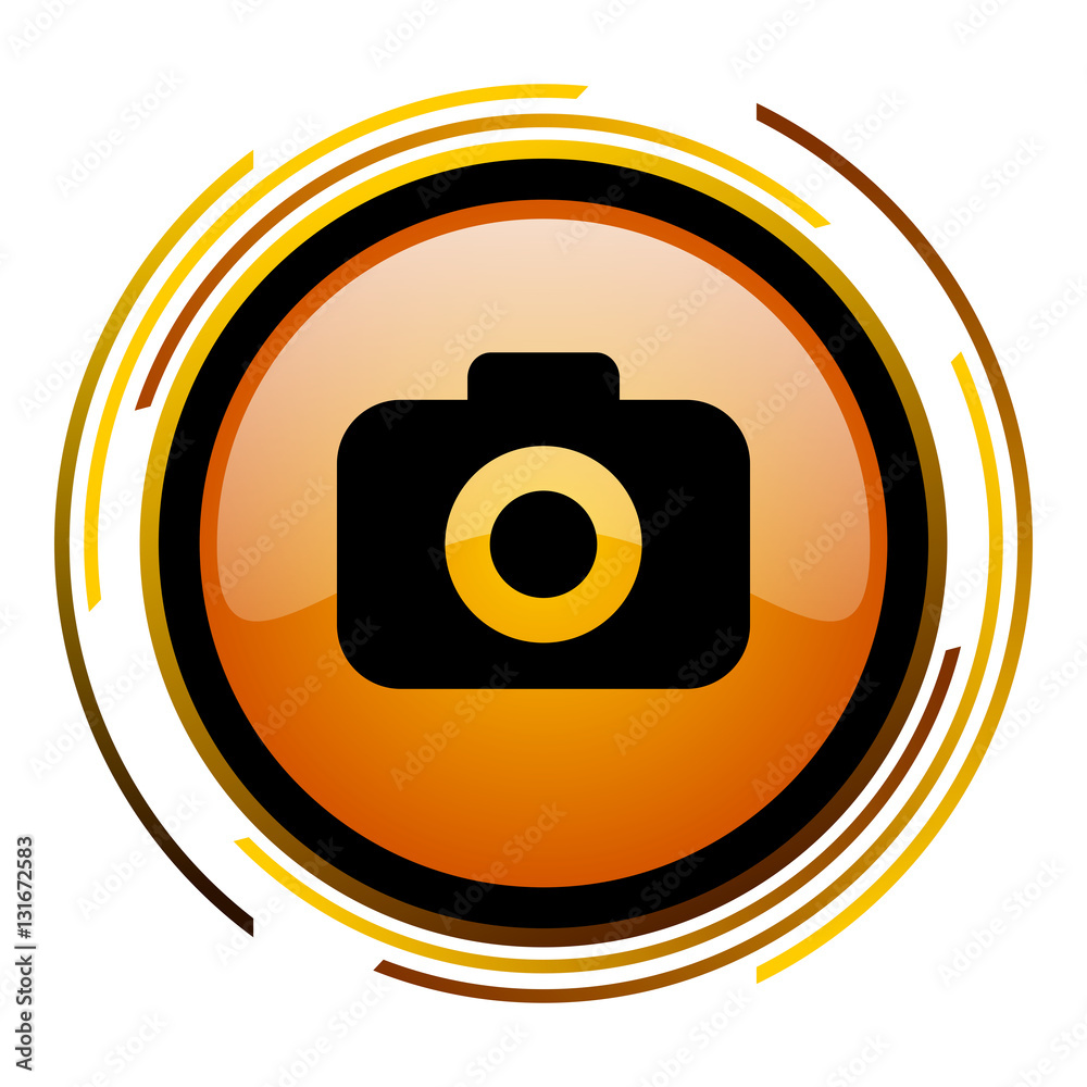 Poster Photo sign vector icon. Modern design round orange button isolated on white square background for web and application designers in eps10.