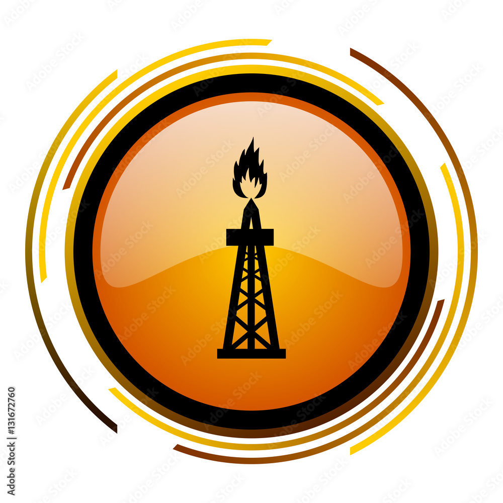 Poster oil gas drilling sign vector icon. modern design round orange button isolated on white square backgr