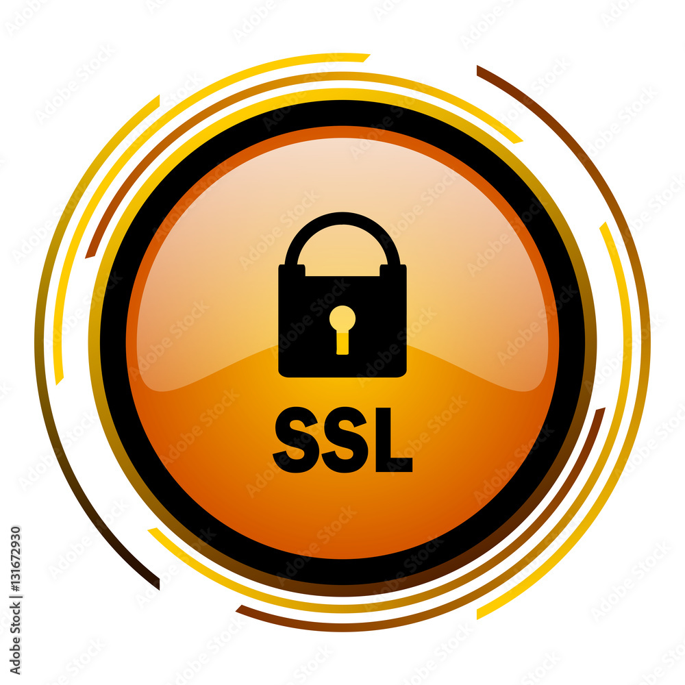 Aufkleber SSL sign vector icon. Modern design round orange button isolated on white square background for web and application designers in eps10.