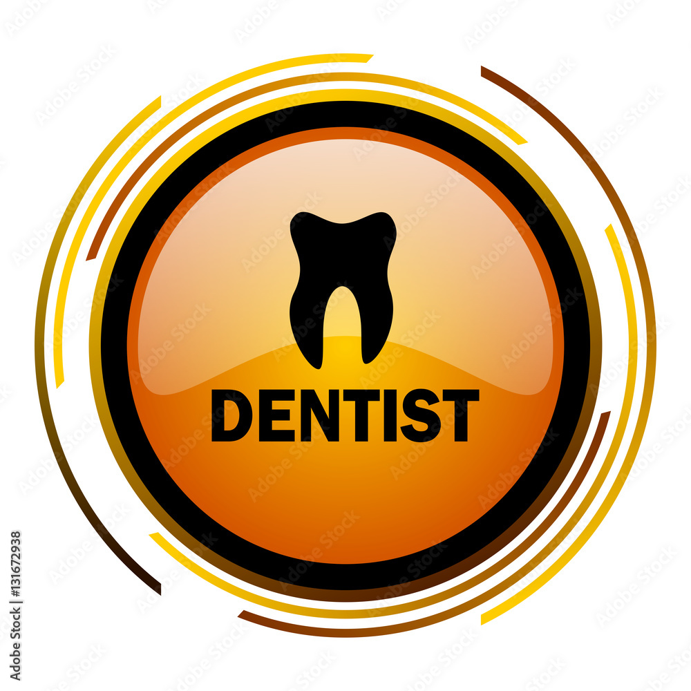 Poster Dentist sign vector icon. Modern design round orange button isolated on white square background for web and application designers in eps10.