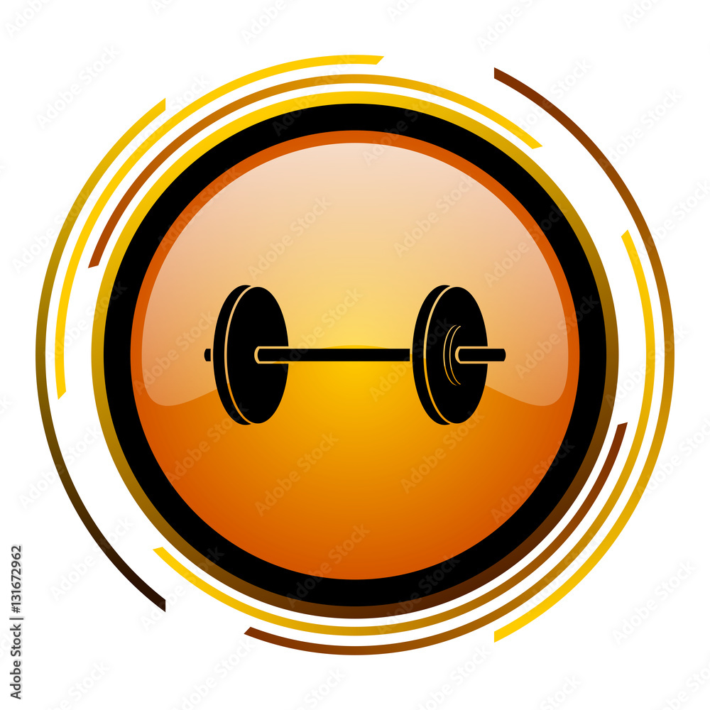 Aufkleber Fitnsess sign vector icon. Modern design round orange button isolated on white square background for web and application designers in eps10.