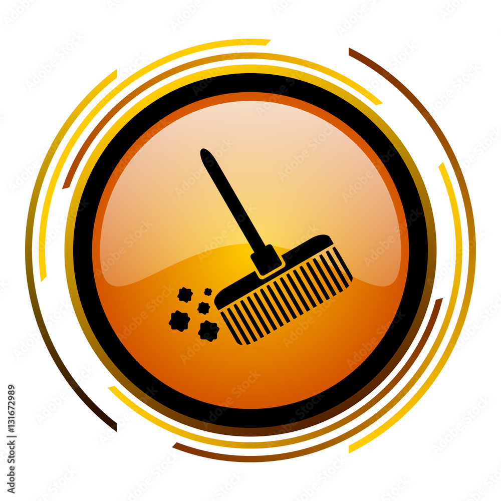 Aufkleber Clean broom sign vector icon. Modern design round orange button isolated on white square background for web and application designers in eps10.