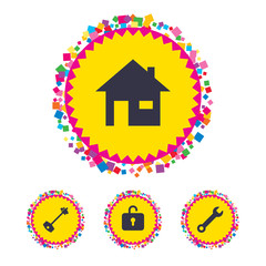 Home key icon. Wrench service tool symbol.