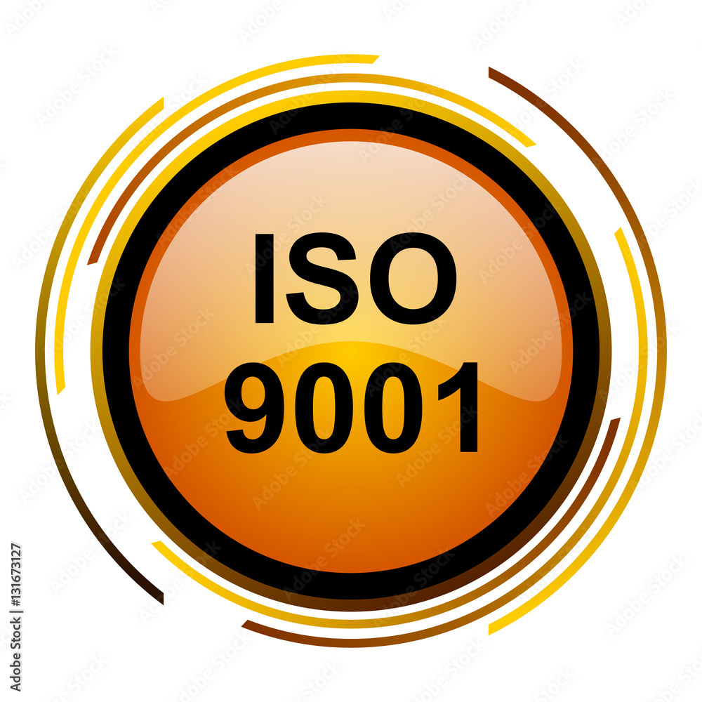 Poster ISO 9001 sign vector icon. Modern design round orange button isolated on white square background for web and application designers in eps10.