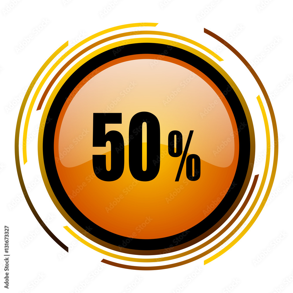 Poster 50 percent sale sign vector icon. modern design round orange button isolated on white square backgro