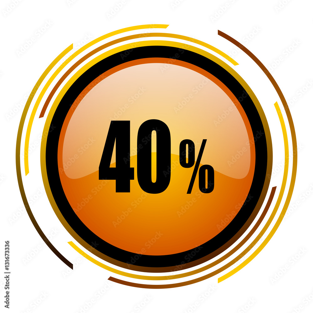 Poster 40 percent sale sign vector icon. Modern design round orange button isolated on white square background for web and application designers in eps10.