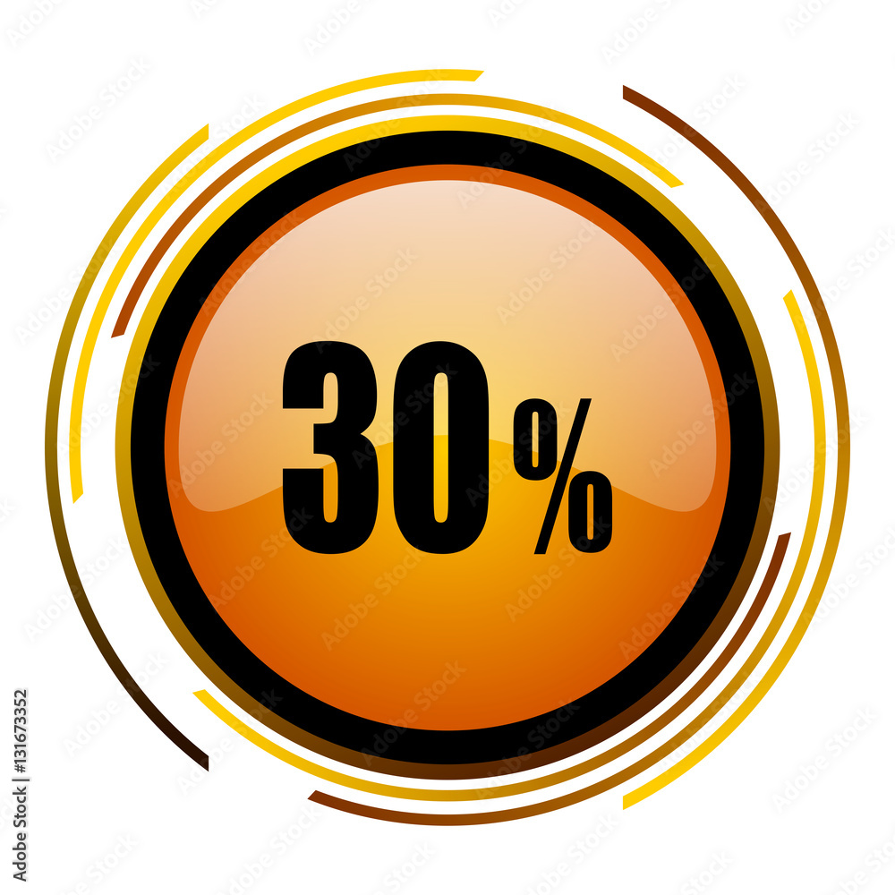 Fototapete 30 percent sale sign vector icon. modern design round orange button isolated on white square backgro