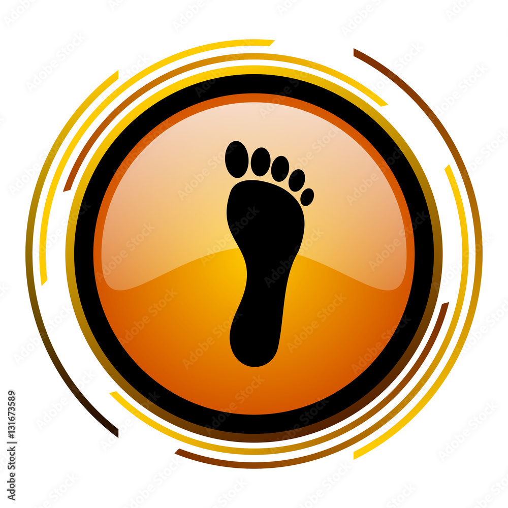 Poster Human foot print vector icon. Modern design round orange button isolated on white background for web and applications in eps10.