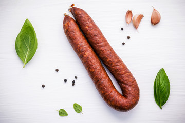 Chorizo sarta smoked sausage with basil leaves ,black pepper ,ga