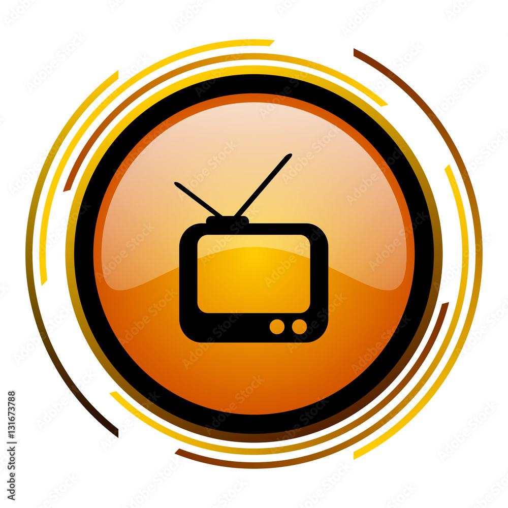 Poster TV vector icon. Modern design round orange button isolated on white background for web and applications in eps10.