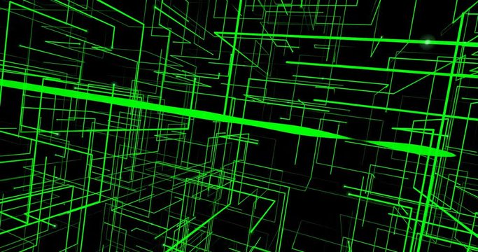 Animated abstract real-time created green grid in black space in 4K