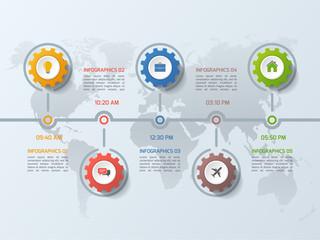 Timeline business infographic template with gears cogwheels 5 steps, processes, parts, options. Vector illustration.