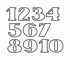 White numbers, black outline, white background, vector. White numbers with serifs and thin black contour on white background. 