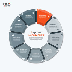 Vector circle chart infographic template with 9 options for presentations, advertising, layouts, annual reports.