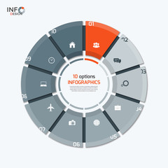 Vector circle chart infographic template with 10 options for presentations, advertising, layouts, annual reports.