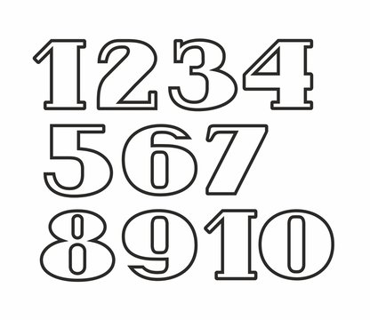 White numbers, black outline, white background, vector. White numbers with serifs and thin black contour on white background. 