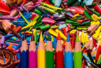 Sharpened colored pencils lying on a pile of shavings from pencil sharpeners.
