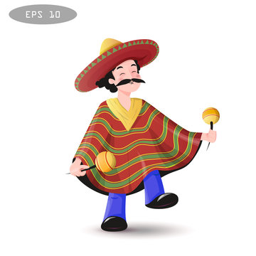 Cartoon Mexican man in a sombrero and poncho.