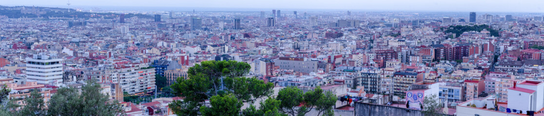 Fototapeta na wymiar Large panoramic view on Barcelona city in summer from park Guell hill, Spain