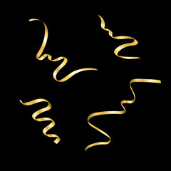 Gold streamers set. Golden serpentine confetti ribbons, isolated on black background. Decoration for party, birthday celebrate, Christmas carnival, New Year gift. Festival decor. Vector illustration
