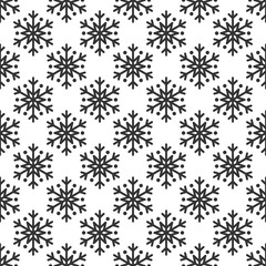 Snowflake simple seamless pattern. Black snow on white background. Abstract wallpaper, wrapping decoration. Symbol of winter, Merry Christmas holiday, Happy New Year celebration Vector illustration