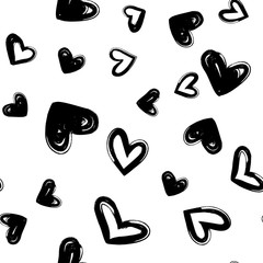 Heart dry brush vector seamless modern pattern. Trendy ink hand 