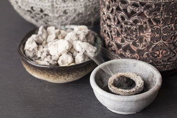 Copaifera officinalis resin burning on a hot coal. Copaifera (copaiba - bearer) is an aromatic resin, used for religious rites, incense and perfumes in Latin America