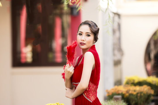 Chinese Woman Red Dress Traditional Cheongsam.