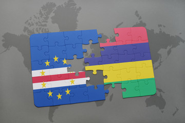puzzle with the national flag of cape verde and mauritius on a world map