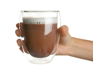 Female hand holding cup of coffee on white background