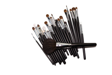 a set of brushes for a professional make-up. Top view.