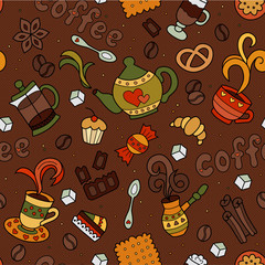 Coffee. Seamless pattern. Colorful vector hand drawn doodle cartoon