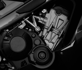 close-up black and white motorcycle engine