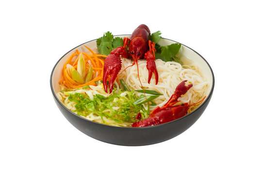 Crawfish Noodle Soup Isolated on white background. Selective focus.