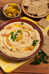 Hummus Dip with Olive Oil. Selective focus.